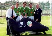 29 August 2000; The Football Association of Ireland have announced that eircom is the new official sponsor to the Republic of Ireland National SoccerTeams. The sponsorship runs until the Summer of 2012 and includes all representative Irish Soccer teams. Pictured at the announcement are, from left, Gerry O'Sullivan, Director of Group Corporate Relations, eircom, Republic of Ireland Soccer players Gary Kelly, Ian Harte and Robbie Keane and President of the Football Association of Ireland Pat Quigley. Photo by Ray McManus/Sportsfile