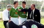 29 August 2000; The Football Association of Ireland have announced that eircom is the new official sponsor to the Republic of Ireland National SoccerTeams. The sponsorship runs until the Summer of 2012 and includes all representative Irish Soccer teams. Pictured at the announcement are, from left, Gerry O'Sullivan, Director of Group Corporate Relations, eircom, Republic of Ireland Soccer players Gary Kelly and Ian Harte and President of the Football Association of Ireland Pat Quigley. Photo by Ray McManus/Sportsfile