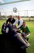 29 August 2000; The Football Association of Ireland have announced that eircom is the new official sponsor to the Republic of Ireland National SoccerTeams. The sponsorship runs until the Summer of 2012 and includes all representative Irish Soccer teams. Pictured at the announcement are, from left, President of the Football Association of Ireland Pat Quigley, Gerry O'Sullivan, Director of Group Corporate Relations, eircom, and Republic of Ireland Soccer player Gary Kelly. Photo by Ray McManus/Sportsfile