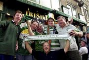 1 September 2000; Republic of Ireland supporters, from left, Paul Devine, Robbie Fitzpatrick, Finton Collins, Gerry Dooley Jnr, Gerry Dooley Snr, and Albert Woolridge, from Ballymun in Dublin, in Amsterdam, Netherlands. Photo by Matt Browne/Sportsfile
