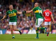 5 July 2015; Kieran Donaghy is congratulated by his Kerry team-mate Barry John Keane, left, after scoring his side's first goal. Munster GAA Football Senior Championship Final, Kerry v Cork. Fitzgerald Stadium, Killarney, Co. Kerry. Picture credit: Stephen McCarthy / SPORTSFILE