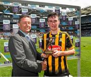 5 July 2015; Pictured is Tony Dunlea, Manager Business Markets Sales, Electric Ireland, proud sponsor of the GAA All-Ireland Minor Championships, presenting Richie Leahy, from Kilkenny, with the Player of the Match award for his outstanding performance in the Electric Ireland Munster Minor Football Championship Final. Throughout the Championship fans can follow the action, support the Minors and be a part of something major through the hashtag #ThisIsMajor. Croke Park, Dublin. Picture credit: Ray McManus / SPORTSFILE
