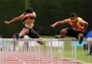 5 July 2015; Andrew Creamer, Annalee A.C, Co. Cavan, left, and Joshua Essuman, Tallaght A.C, Co. Dublin, competing in the U23 Men's 110m Hurdles during the GloHealth Junior and U23 Championships of Ireland. Harriers Stadium, Tullamore, Co. Offaly. Picture credit: Seb Daly / SPORTSFILE