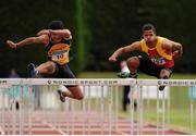 5 July 2015; Andrew Creamer, Annalee A.C, Co. Cavan, left, and Joshua Essuman, Tallaght A.C, Co. Dublin, competing in the U23 Men's 110m Hurdles during the GloHealth Junior and U23 Championships of Ireland. Harriers Stadium, Tullamore, Co. Offaly. Picture credit: Seb Daly / SPORTSFILE