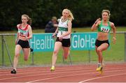 5 July 2015; Bronwyn Keogh, Fingallians A.C, Co. Dublin, left, Roisin Harrison, Emerald A.C, Co. Limerick, middle, and Sophie Becker, St. Joseph's A.C, Co. Kilkenny, right competing in the Junior Women's 200m during the GloHealth Junior and U23 Championships of Ireland. Harriers Stadium, Tullamore, Co. Offaly. Picture credit: Seb Daly / SPORTSFILE