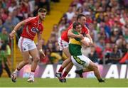 5 July 2015; Stephen O’Brien, Kerry, is tackled by Paul Kerrigan, Cork, resulting in a black card. Munster GAA Football Senior Championship Final, Kerry v Cork. Fitzgerald Stadium, Killarney, Co. Kerry. Picture credit: Stephen McCarthy / SPORTSFILE