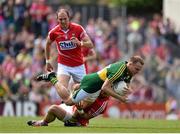 5 July 2015; Darran O'Sullivan, Kerry, is taken down by Colm O’Driscoll, Cork, resulting in a black card for O'Driscoll. Munster GAA Football Senior Championship Final, Kerry v Cork. Fitzgerald Stadium, Killarney, Co. Kerry. Picture credit: Brendan Moran / SPORTSFILE