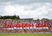 5 July 2015; The Cork team during the National Anthem. Munster GAA Football Senior Championship Final, Kerry v Cork. Fitzgerald Stadium, Killarney, Co. Kerry. Picture credit: Stephen McCarthy / SPORTSFILE