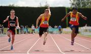 5 July 2015; Joseph Ojewumi, Tallaght A.C, Co. Dublin, right, wins the Junior Men's 100m ahead of Eoin Doherty, Tallaght A.C, Co. Dublin and David MacDonald, Menapians A.C, Co. Wexford during the GloHealth Junior and U23 Championships of Ireland. Harriers Stadium, Tullamore, Co. Offaly. Picture credit: Seb Daly / SPORTSFILE