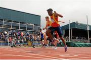 5 July 2015; Joseph Ojewumi, Tallaght A.C, Co. Dublin, right, wins the Junior Men's 100m during the GloHealth Junior and U23 Championships of Ireland. Harriers Stadium, Tullamore, Co. Offaly. Picture credit: Seb Daly / SPORTSFILE