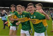 5 July 2015; Brian Ó Seancaháin, left, and Seán O'Shea, Kerry, celebrate after the game. Electric Ireland Munster GAA Football Minor Championship Final, Kerry v Tipperary. Fitzgerald Stadium, Killarney, Co. Kerry.  Picture credit: Brendan Moran / SPORTSFILE