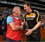 5 July 2015; Pat Hoban, right, Kilkenny minor manager, shakes hands with Dublin minor manager Johnny McGuirk at the end of the game.  Electric Ireland Leinster GAA Hurling Minor Championship Final, Kilkenny v Dublin. Croke Park, Dublin. Picture credit: David Maher / SPORTSFILE