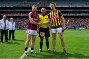 5 July 2015; Galway captain Andrew Smith shakes hands with Kilkenny captain Joey Holden with referee James McGrath. Leinster GAA Hurling Senior Championship Final, Kilkenny v Galway. Croke Park, Dublin. Picture credit: Cody Glenn / SPORTSFILE