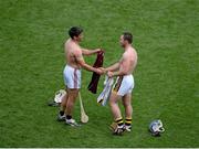 5 July 2015; Kilkenny player Ger Aylward, right, shakes hands and swaps jereseys with Fergal Moore, Galway. Leinster GAA Hurling Senior Championship Final, Kilkenny v Galway. Croke Park, Dublin. Picture credit: Dáire Brennan / SPORTSFILE