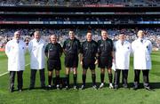 21 September 2008; The match officials for the minor game, from left, Umpires Pat McEnerney and Tom Sheehan, sideline official Paul Finnegan, linesman Gaeey McCormack, Referee Rory Hickey, linesman Aidan Mangan and umpires Mike Kelly and Sean McMahon. ESB GAA Football All-Ireland Minor Championship Final, Tyrone v Mayo, Croke Park, Dublin. Picture credit: Brendan Moran / SPORTSFILE