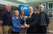 5 July 2015; Uachtarán Chumann Lúthchleas Gael Aogán Ó Fearghail with, from left, John, Mary, Eleanor and Dick McElligott at the dedication of the 'Richie McElligott Cup' - U-21 B. Six trophies were renamed in honour of some great servants of the Association. A former player, mentor and official with both Lixnaw and Kerry. For much of his career a centre-half back, Richie won a county championship with Lixnaw in 1954. He won an All-Ireland Junior championship in 1961 and also four National Hurling League (Div.2) medals. Richie passed away in 2012. Dedication of GAA Hurling Trophies. Croke Park, Dublin. Picture credit: Ray McManus / SPORTSFILE