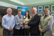 5 July 2015; Uachtarán Chumann Lúthchleas Gael Aogán Ó Fearghail with, from left, Séamus Freeman, Ita Freeman, Louise Freeman and Michael Connelly, Chairman Mayo County Board, at dedication of the 'Adrian Freeman Cup' - Minor C. Six trophies were renamed in honour of some great servants of the Association. Adrian Freeman died tragically in Australia in 2010 at the age of 24. He was one of Mayo and Toreen's finest hurlers, having represented his Club, County and Province with distinction. Dedication of GAA Hurling Trophies. Croke Park, Dublin. Picture credit: Ray McManus / SPORTSFILE