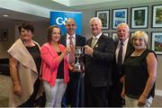5 July 2015; Uachtarán Chumann Lúthchleas Gael Aogán Ó Fearghail with, from left, Helina Doorigan, Rachel Doorigan, Terence Boyle, Mickey Doorigan and Attracta O'Reilly at dedication of the 'Stephen Dorrigan Cup' - U-16 C. Six trophies were renamed in honour of some great servants of the Association. Stephen Dorrigan was a former Leitrim and Gortletteragh player, referee and administrator who died, in 2008, following a tragic accident at the age of 24. Dedication of GAA Hurling Trophies. Croke Park, Dublin. Picture credit: Ray McManus / SPORTSFILE