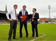 6 July 2015; Bohemian FC Director Daniel Lambert, left, and Club Chairman Matt Devaney, right, speaking with Dalymount Park Project Manager Cormac Healy, prior to a media briefing. Dalymount Park, Dublin. Picture credit: Sam Barnes / SPORTSFILE
