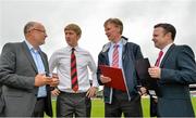 6 July 2015; Bohemian FC Director, Daniel Lambert, centre left, and Club Chairman Matt Devaney, far right, speaking with Dalymount Park Project Manager, Cormac Healy, centre right, and Fran Gavin, FAI League Director, far left, prior to a media briefing. Dalymount Park, Dublin. Picture credit: Sam Barnes / SPORTSFILE