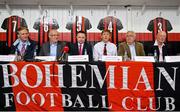 6 July 2015; From left to right, Cormac Healy, Dalymount Park Project Manager, Fran Gavin, FAI League Director, Matt Devaney, Club Chairman, Daniel Lambert, Club Director, Joe Costello TD and Tony O'Connell, Honorary Life President, speaking during a media briefing. Dalymount Park, Dublin. Picture credit: Sam Barnes / SPORTSFILE