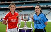 6 July 2015; Pictured at the launch of the TG4 Ladies All Ireland Football Championship are Ciara O'Sullivan, Cork, and Lyndsey Davey, Dublin. The championship, which begins with the first matches on July 25th will culminate with the TG4 All Ireland Finals in Croke Park on September 27th. Cork will hope to win tenth third All Ireland title in 11 years but will face the highest level of competition in years. All supporters of the sport are being asked to support the championship, to Be the Difference, Be There #BetheDiff. Croke Park, Dublin. Picture credit: Piaras Ó Mídheach / SPORTSFILE