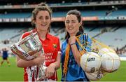 6 July 2015; Pictured at the launch of the TG4 Ladies All Ireland Football Championship are Ciara O'Sullivan, Cork, and Lyndsey Davey, Dublin. The championship, which begins with the first matches on July 25th will culminate with the TG4 All Ireland Finals in Croke Park on September 27th. Cork will hope to win tenth third All Ireland title in 11 years but will face the highest level of competition in years. All supporters of the sport are being asked to support the championship, to Be the Difference, Be There #BetheDiff. Croke Park, Dublin. Picture credit: Piaras Ó Mídheach / SPORTSFILE