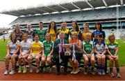 6 July 2015; Pictured at the launch of the TG4 Ladies All Ireland Football Championship are Marie Hickey, President, Ladies Gaelic Football Association, and Pól Ó Gallchóir, Ceannsaí, TG4, with back row from left, Róisín Murphy, Wexford, Stephanie O'Reilly, Sligo, Áine McHugh, Fermanagh, Jenny Higgins, Roscommon, Sarah McLoughlin, Leitrim, Mairéad Reynolds, Longford, Laurie Ryan, Clare, Sheelagh Carew, Tipperary. Front row: Jackie Lynch, Wicklow, Aisling Holton, Kildare, Sinéad McLaughlin, Antrim, Angela Kenneally, Janet Garvey, Linda Wall, Waterford, Laura Devery, Offaly. The championship, which begins with the first matches on July 25th will culminate with the TG4 All Ireland Finals in Croke Park on September 27th. Cork will hope to win their tenth All Ireland title in 11 years but will face the highest level of competition in years. All supporters of the sport are being asked to support the championship, to Be the Difference, Be There #BetheDiff. Croke Park, Dublin. Picture credit: Piaras Ó Mídheach / SPORTSFILE