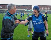 4 July 2015; Laois manager Seamus Plunkett and Dublin manager Ger Cunningham shake hands after the game. GAA Hurling All-Ireland Senior Championship, Round 1, Laois v Dublin. O'Moore Park, Portlaoise, Co. Laois. Picture credit: Dáire Brennan / SPORTSFILE