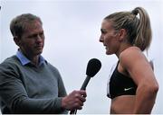 7 July 2015; Kelly Proper is interviewed after the women's 200m race at the Cork City Sports 2015. CIT, Bishopstown, Cork. Picture credit: Eoin Noonan / SPORTSFILE