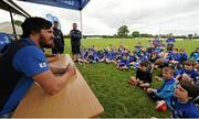 8 July 2015; Kane Douglas and Mick Kearney of Leinster Rugby came out to the Bank of Ireland Summer Camp to meet up with some local young rugby talent in Kilkenny RFC. Pictured is Kane Douglas during a question and answer session with participants of the Bank of Ireland Summer Camp. Kilkenny RFC, Kilkenny. Picture credit: Seb Daly / SPORTSFILE
