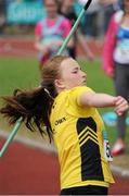 4 July 2015; Kate Jackman competing in the Girls U14 Javelin during the GloHealth Juvenile Track and Field Championships. Harriers Stadium, Tullamore, Co. Offaly. Picture credit: Sam Barnes / SPORTSFILE
