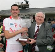 27 September 2008; Kyle Coney, Tyrone, receives the man of the match from John Hyland. ESB GAA Football All-Ireland Minor Championship Final Replay, Tyrone v Mayo, Pearse Park, Longford. Picture credit: Oliver McVeigh / SPORTSFILE