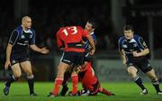 28 September 2008; Jonathan Sexton, Leinster, is tackled by Rua Tipoki, 13, and Ian Dowling, Munster, as team-mates Felipe Contepomi, left, and Brian O'Driscoll look on. Magners League, Leinster v Munster, RDS, Dublin. Picture credit: Stephen McCarthy / SPORTSFILE