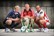 29 September 2008; Leinster captain Leo Cullen, left, with Munster captain Paul O'Connell and Ulster captain Rory Best, right, at the Heineken Cup Launch. Cruzzo Restaurant, Marina Village, Malahide, Dublin. Photo by Sportsfile