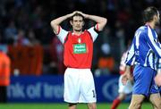 30 September 2008; St. Patrick's Athletic's Jason Gavin reacts after team-mate John Murphy missed a late chance. UEFA Cup First Round 2nd leg, St. Patrick's Athletic v Hertha Berlin, RDS, Dublin. Picture credit: Pat Murphy / SPORTSFILE