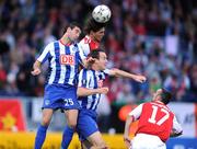 30 September 2008; Ryan Guy, St. Patrick's Athletic, supported by team-mate Gary Dempsey, right, in action against Maximilian Nicu, left, and Steve Von Gergen, Hertha Berlin. UEFA Cup First Round 2nd leg, St. Patrick's Athletic v Hertha Berlin, RDS, Dublin. Picture credit: Pat Murphy / SPORTSFILE