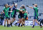 28 September 2008; London players, including Roisin McEvoy, 4, goalkeeper Rosie Cusack and Shauna Keogh and Monica Jordan, right, celebrate at the final whistle. TG4 All-Ireland Ladies Junior Football Championship Final, Derry v London, Croke Park, Dublin. Picture credit: Brendan Moran / SPORTSFILE