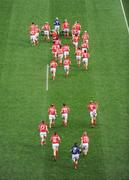 28 September 2008; Members of the Cork panel run to the bench for the traditional team picture. TG4 All-Ireland Ladies Senior Football Championship Final, Cork v Monaghan, Croke Park, Dublin. Picture credit: Ray McManus / SPORTSFILE