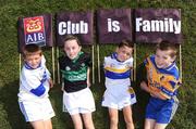 29 September 2008; AIB Club is Family. The next generation of club stars are ready to take over from their more famous relatives as, from left, and Darragh Quinn, 10, nephew of Mossy, Grainne Masters, 11, niece of James, Dara Canavan, 8, son of Peter, and Jack Canning, 10, son of David and nephew of Ollie and Joe, donned their own club colours to help launch the 2008/2009 AIB GAA Club Championships. Fingallians GAA Club, Swords, Co. Dublin. Picture credit: Brendan Moran / SPORTSFILE