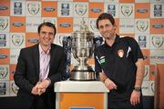 29 September 2008; Bohemians' manager Pat Fenlon, left, with St Patrick's Athletic's Dessie Byrne at the 2008 FAI Ford Cup Semi-Final Draw. Burlington Hotel, Dublin. Picture credit: David Maher / SPORTSFILE