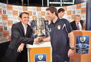 29 September 2008; Bohemians' manager Pat Fenlon, left, shakes hands with St Patrick's Athletic's Dessie Byrne at the 2008 FAI Ford Cup Semi-Final Draw. Burlington Hotel, Dublin. Picture credit: David Maher / SPORTSFILE
