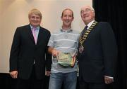 29 September 2008; Aidan Brennan, Cerebal Palsy International team, receives his Football for All International Cap from Denis O’Brien, left, and FAI President David Blood. FAI Football for All International Caps presentation, Burlington Hotel, Dublin. Picture credit: Stephen McCarthy / SPORTSFILE