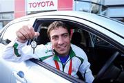 30 September 2008; The Olympic Council of Ireland in association with the Carroll and Kinsella Motor Group presented a Toyota Corolla car to boxer Kenny Egan in recognition of his silver medal performance at the Beijing Olympics. Making the presentation at Carroll and Kinsella’s Showroom in Walkinstown, Fonsie Carroll of Carroll and Kinsella’s, congratulated Kenny on his superb efforts and wished him many miles of happy motoring. Carroll & Kinsella Showrooms, Walkinstown, Co. Dublin. Picture credit: Brendan Moran / SPORTSFILE