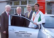 30 September 2008; The Olympic Council of Ireland in association with the Carroll and Kinsella Motor Group presented a Toyota Corolla car to boxer Kenny Egan in recognition of his silver medal performance at the Beijing Olympics. Making the presentation at Carroll and Kinsella’s Showroom in Walkinstown, Fonsie Carroll of Carroll and Kinsella’s, congratulated Kenny on his superb efforts and wished him many miles of happy motoring. Pictured with Kenny are, Pat Hickey, left, President of the Olympic Council of Ireland, Fonsie Carroll, centre, and Loughlin Murphy, Directors of Carroll & Kinsella, Walkinstown and Churchtown. Carroll & Kinsella Showrooms, Walkinstown, Co. Dublin. Picture credit: Brendan Moran / SPORTSFILE