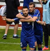9 July 2015; Arturs Karasausks, left, Skonto Riga, celebrates with team-mate Renars Rode after scoring his side's second goal. UEFA Europa League First Qualifying Round 2nd leg, St Patrick's Athletic v Skonto Riga. Richmond Park, Inchicore, Dublin. Picture credit: David Maher / SPORTSFILE