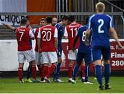 9 July 2015; Players from both teams confront each other during the game. UEFA Europa League First Qualifying Round 2nd leg, St Patrick's Athletic v Skonto Riga. Richmond Park, Inchicore, Dublin. Picture credit: David Maher / SPORTSFILE