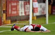 9 July 2015; A dejected Killian Brennan, St Patrick's Athletic, after the game. UEFA Europa League First Qualifying Round 2nd leg, St Patrick's Athletic v Skonto Riga. Richmond Park, Inchicore, Dublin. Picture credit: David Maher / SPORTSFILE