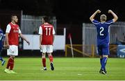 9 July 2015; Olegs Timofejevs, Skonto Riga, celebrates at the end of the game as St Patrick's Athletic players Morgan Langley and Killian Brennan look on. UEFA Europa League First Qualifying Round 2nd leg, St Patrick's Athletic v Skonto Riga. Richmond Park, Inchicore, Dublin. Picture credit: David Maher / SPORTSFILE