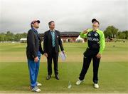 10 July 2015; Team captains Nicolaas Scholtz, Namibia, and William Porterfield, Ireland, along with match referee Steve Bernard during the coin toss. ICC World Twenty20 Qualifier 2015, Ireland v Namibia. Stormont, Belfast. Picture credit: Oliver McVeigh / ICC / SPORTSFILE
